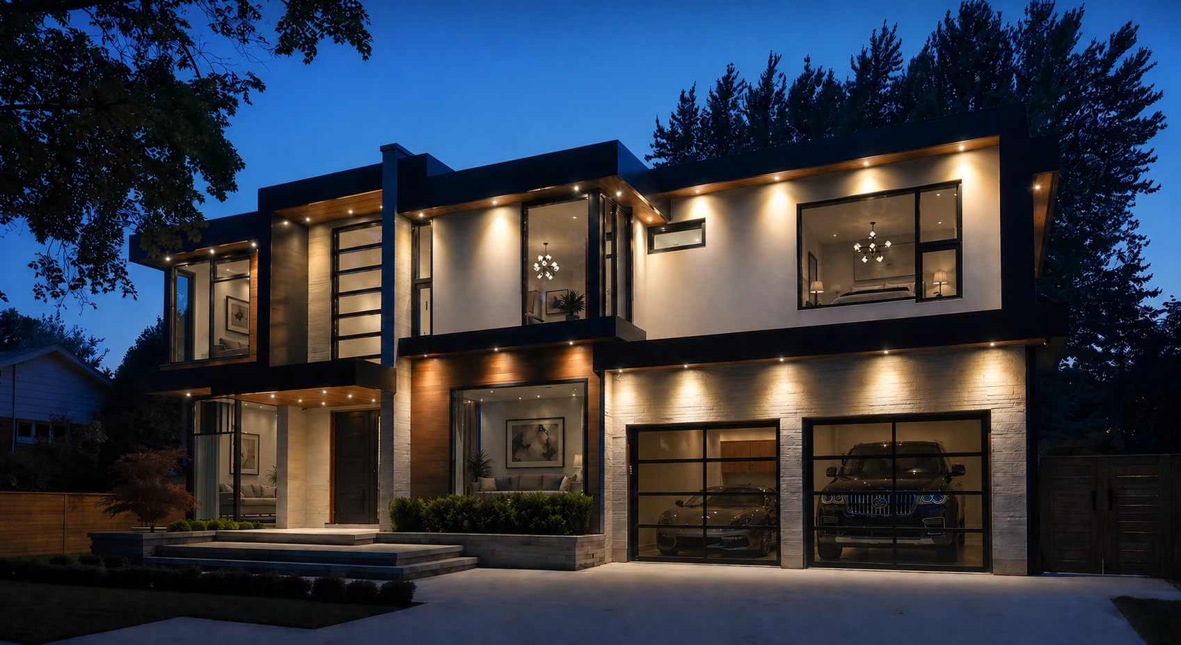 Contemporary custom home at dusk